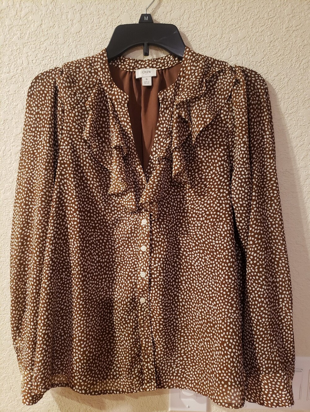 J. Crew Brown and White Polka Dot Ruffle Button-Down Blouse